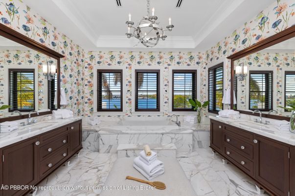 Bathroom, Chandelier, Dual Sink Vanities, Interior, Marble, Pendant Lights