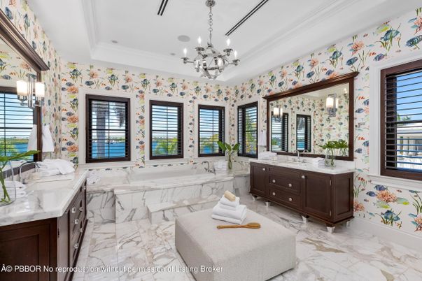 Bathroom, Chandelier, Dual Sink Vanities, Interior, Marble, Pendant Lights