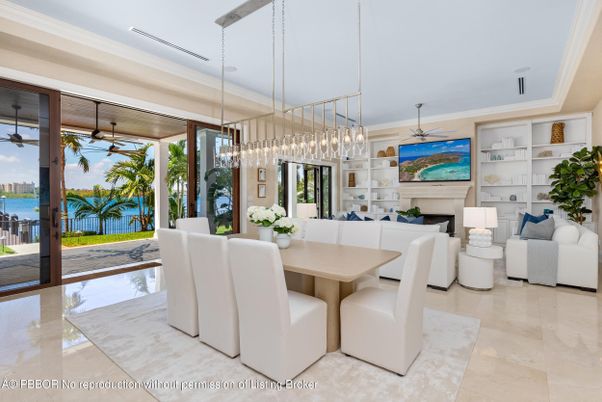 Dining room, Fireplace, Interior, Living room, Pendant Lights, Water