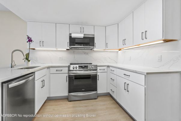Interior, Kitchen, Marble Walls, Stainless Steel Appliances, Wood Texture Flooring