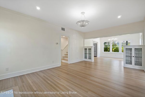Chandelier, Empty room, Interior, Recessed Lighting, Wood Texture Flooring
