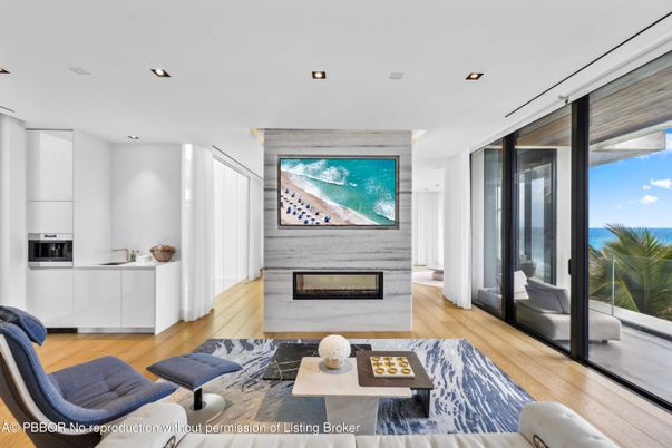 Fireplace, Interior, Living room, Recessed Lighting, Water, Wood Texture Flooring