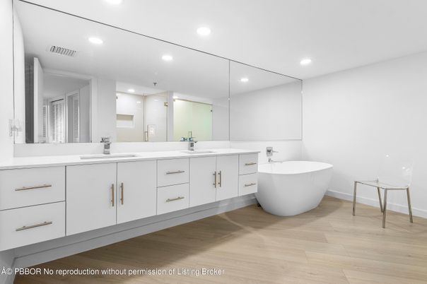 Bathroom, Dual Sink Vanities, Free Standing Baths, Interior, Recessed Lighting, Wood Texture Flooring