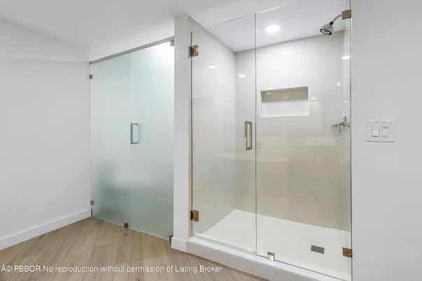 Bathroom, Glass Shower, Interior, Recessed Lighting, Wood Texture Flooring