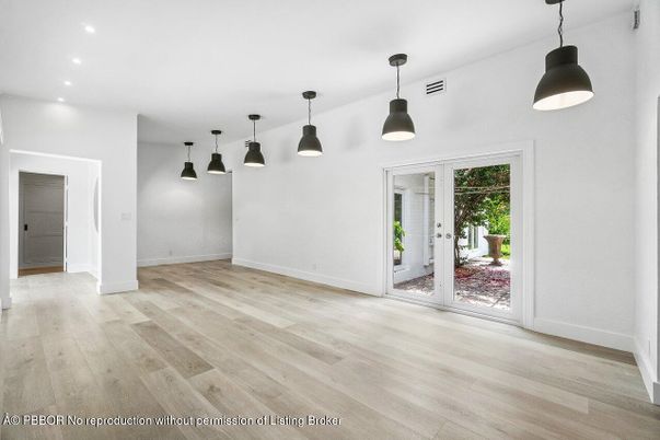 Empty room, Interior, Pendant Lights, Recessed Lighting, Wood Texture Flooring
