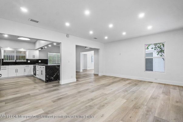 Empty room, Interior, Kitchen, Recessed Lighting, Wood Texture Flooring
