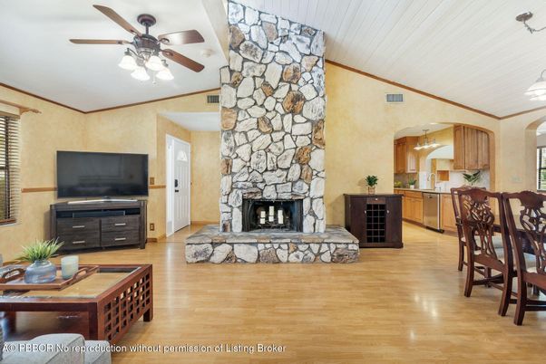 Fireplace, Interior, Kitchen, Pendant Lights, Stone Walls, Wood Texture Flooring