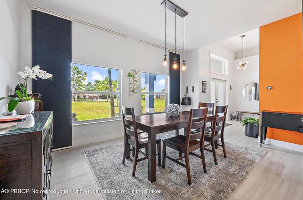 Dining room, Interior, Pendant Lights, Wood Texture Flooring