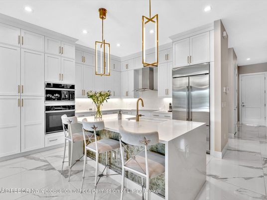 Interior, Kitchen, Marble, Pendant Lights, Recessed Lighting, Stainless Steel Appliances