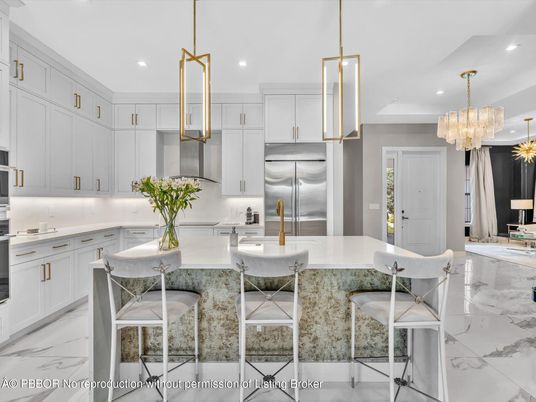 Chandelier, Interior, Kitchen, Marble, Pendant Lights, Recessed Lighting, Stainless Steel Appliances