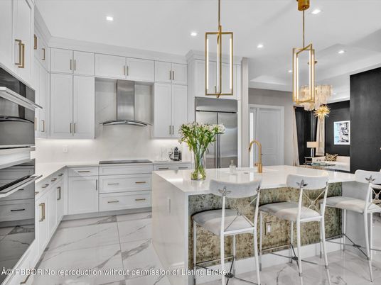 Interior, Kitchen, Marble, Pendant Lights, Recessed Lighting, Stainless Steel Appliances