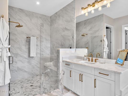 Bathroom, Dual Sink Vanities, Glass Shower, Interior, Marble Walls, Recessed Lighting
