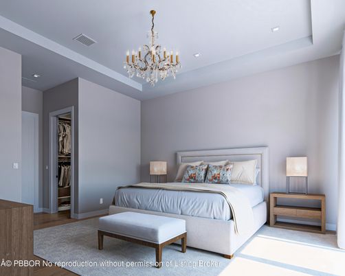 Bedroom, Chandelier, Interior, Recessed Lighting, Wood Texture Flooring
