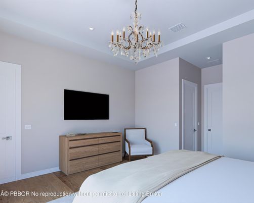 Bedroom, Chandelier, Interior, Recessed Lighting, Wood Texture Flooring