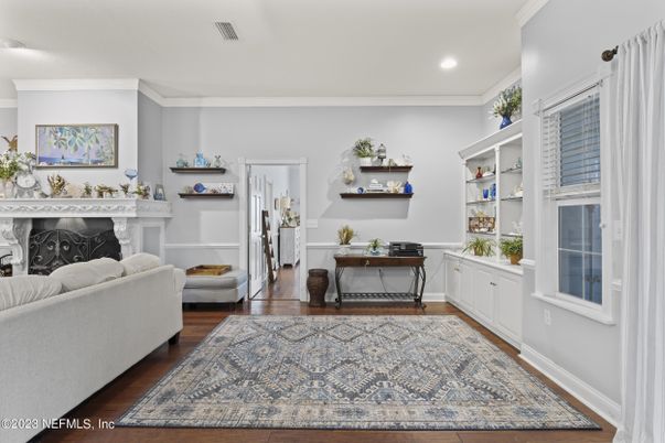 Fireplace, Interior, Recessed Lighting, Wood Texture Flooring