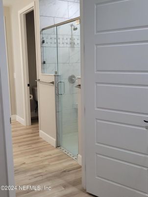 Bathroom, Glass Shower, Interior, Wood Texture Flooring