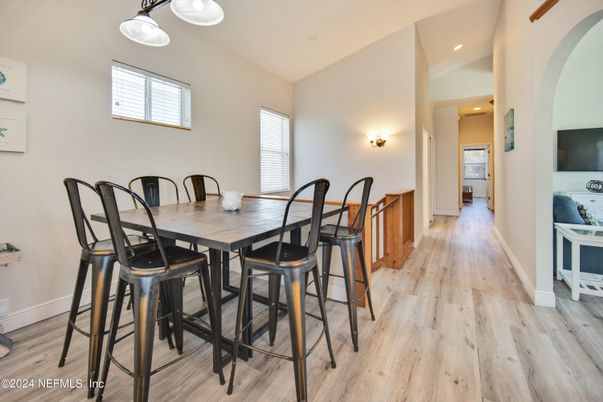 Dining room, Interior, Recessed Lighting, Wood Texture Flooring
