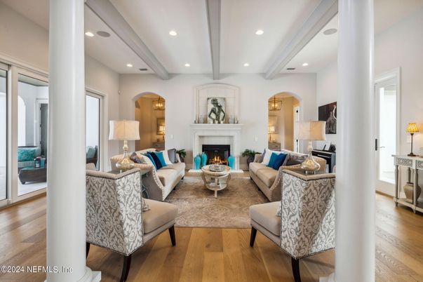 Fireplace, Interior, Living room, Recessed Lighting, Wood Texture Flooring