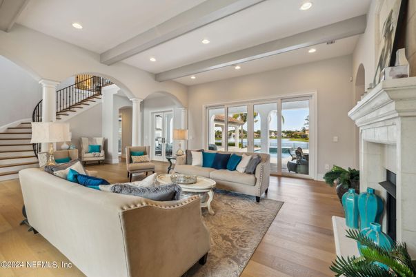 Fireplace, Interior, Living room, Recessed Lighting, Wood Texture Flooring