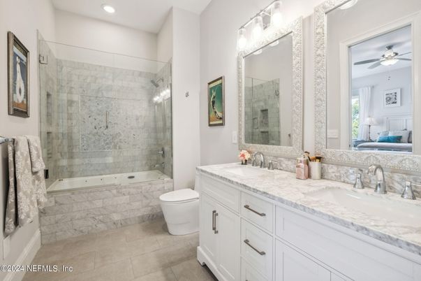 Bathroom, Dual Sink Vanities, Glass Shower, Interior, Recessed Lighting