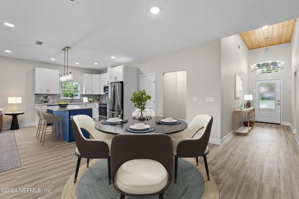 Dining room, Interior, Kitchen, Pendant Lights, Recessed Lighting, Stainless Steel Appliances, Wooden Beams, Wooden Ceilings, Wood Texture Flooring