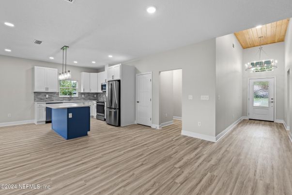 Interior, Kitchen, Pendant Lights, Recessed Lighting, Stainless Steel Appliances, Wooden Ceilings, Wood Texture Flooring
