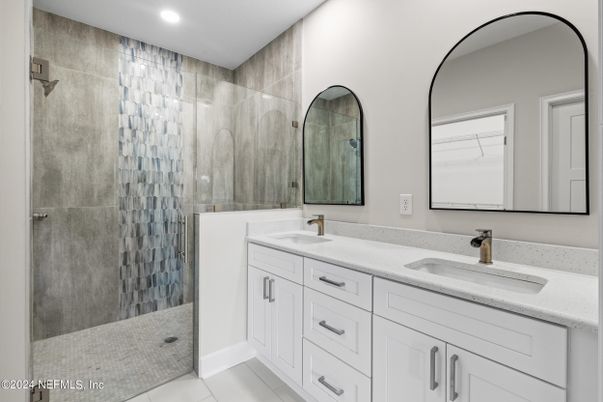 Bathroom, Dual Sink Vanities, Glass Shower, Interior, Recessed Lighting