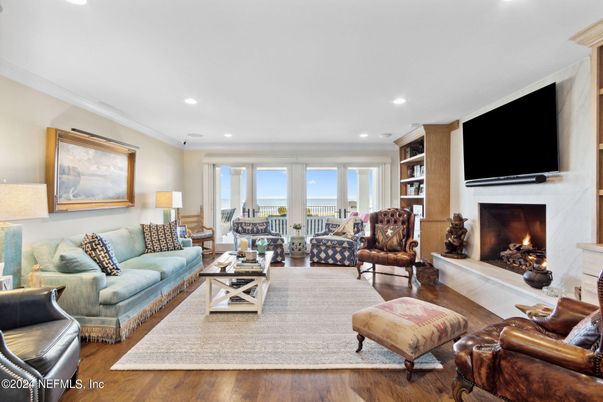 Fireplace, Interior, Living room, Recessed Lighting, Wood Texture Flooring