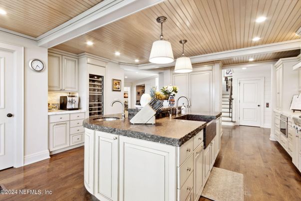 Interior, Kitchen, Pendant Lights, Recessed Lighting, Wooden Ceilings, Wood Texture Flooring