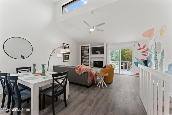 Dining room, Fireplace, Interior, Living room, Wood Texture Flooring