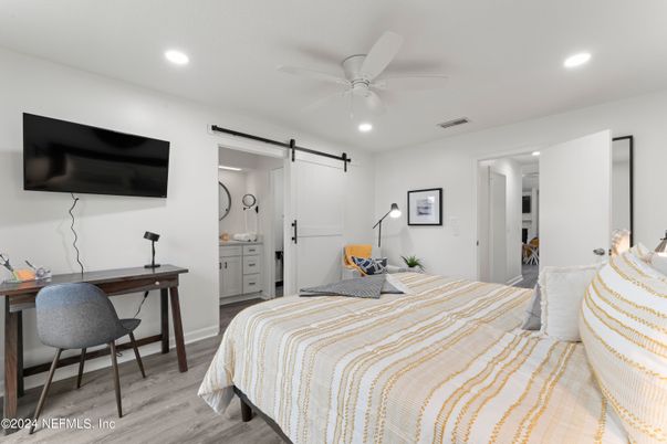 Bedroom, Home Office, Interior, Recessed Lighting, Wood Texture Flooring