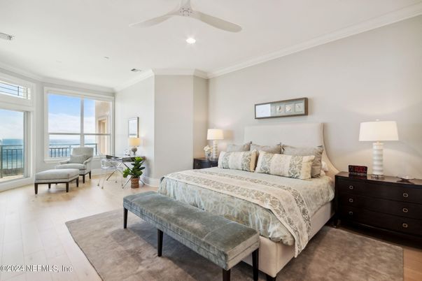 Bedroom, Interior, Recessed Lighting, Water, Wood Texture Flooring