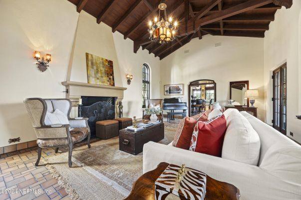 Chandelier, Fireplace, Interior, Living room, Piano, Wooden Beams, Wooden Ceilings