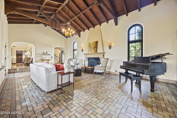 Chandelier, Fireplace, Interior, Living room, Piano, Wooden Beams, Wooden Ceilings