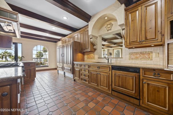 Interior, Kitchen, Recessed Lighting, Tile Countertops, Wooden Beams