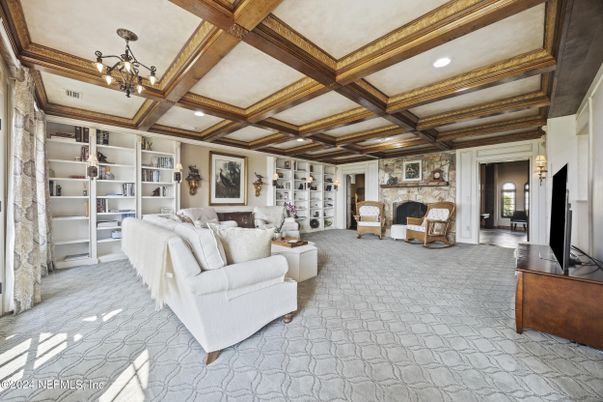 Chandelier, Fireplace, Interior, Living room, Recessed Lighting, Wooden Beams