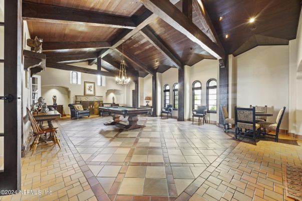 Billiard Table, Chandelier, Dining room, Game Room, Interior, Recessed Lighting, Wooden Beams, Wooden Ceilings