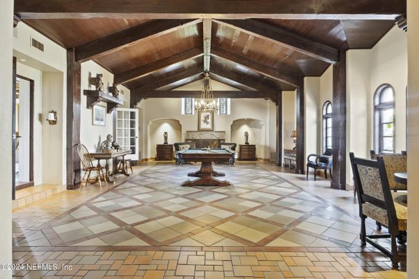 Billiard Table, Chandelier, Game Room, Interior, Pendant Lights, Piano, Wooden Beams, Wooden Ceilings