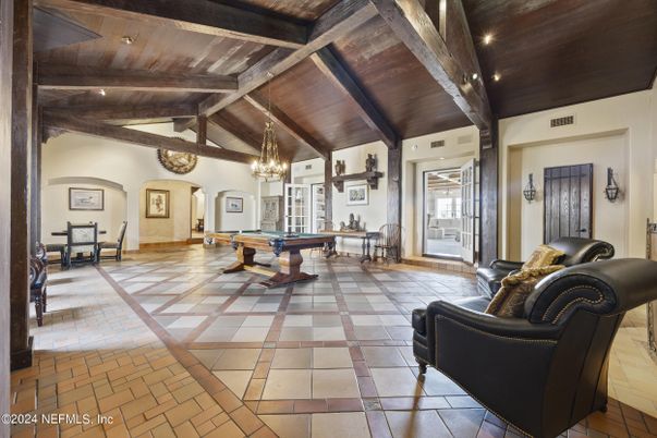 Billiard Table, Chandelier, Game Room, Interior, Pendant Lights, Recessed Lighting, Wooden Beams, Wooden Ceilings