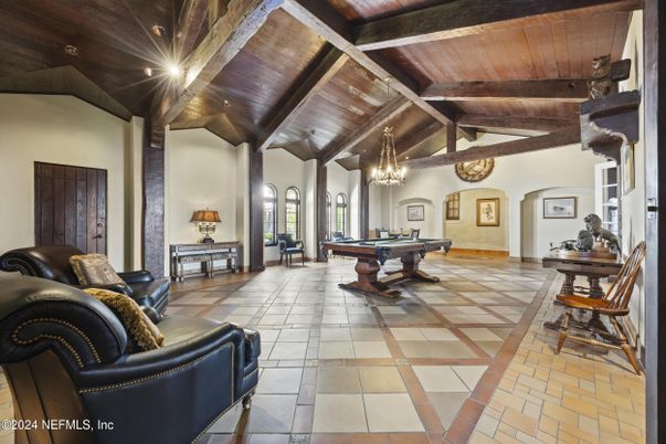 Billiard Table, Chandelier, Game Room, Interior, Wooden Beams, Wooden Ceilings