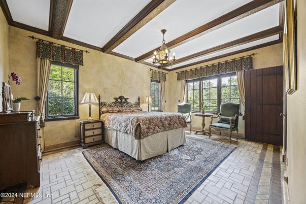 Bedroom, Chandelier, Interior, Wooden Beams