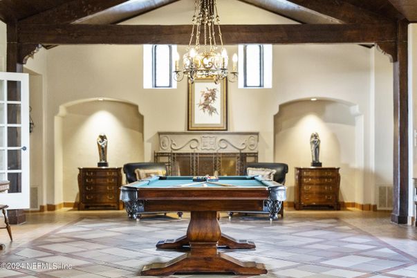 Billiard Table, Chandelier, Game Room, Interior, Wooden Beams
