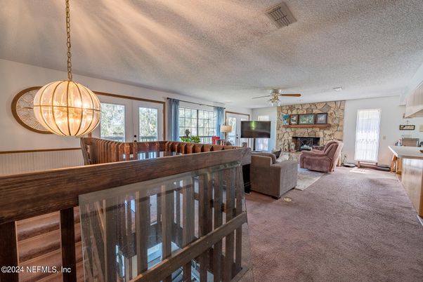Fireplace, Interior, Living room, Pendant Lights, Stone Walls