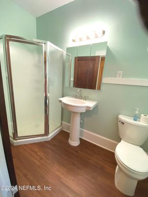Bathroom, Glass Shower, Interior, Wood Texture Flooring