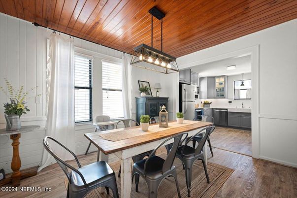 Dining room, Fireplace, Interior, Kitchen, Pendant Lights, Wooden Ceilings, Wood Texture Flooring