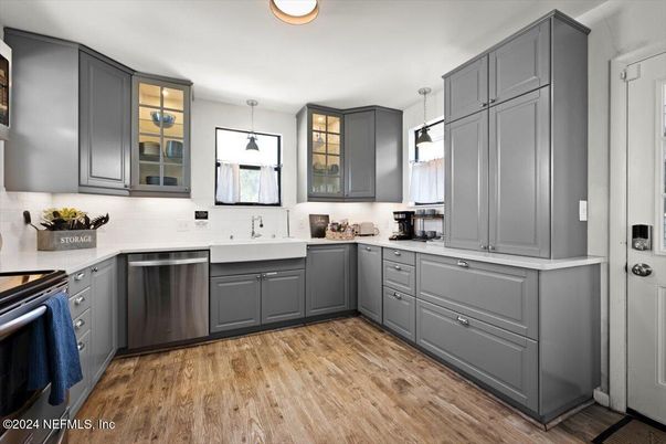 Interior, Kitchen, Pendant Lights, Stainless Steel Appliances, Wood Texture Flooring