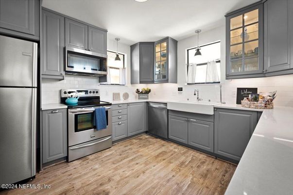 Interior, Kitchen, Pendant Lights, Stainless Steel Appliances, Wood Texture Flooring