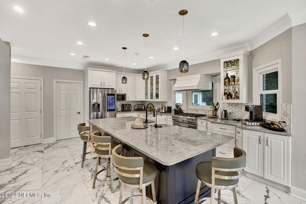 Interior, Kitchen, Marble, Pendant Lights, Recessed Lighting, Stainless Steel Appliances