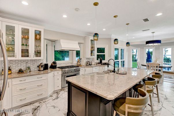 Interior, Kitchen, Marble, Pendant Lights, Recessed Lighting, Stainless Steel Appliances