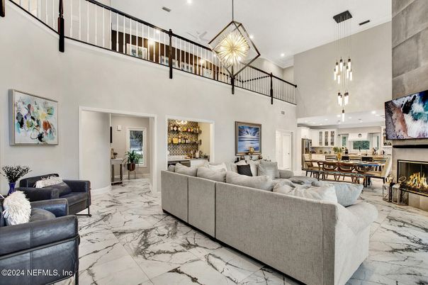 Dining room, Fireplace, Interior, Living room, Marble, Pendant Lights, Recessed Lighting